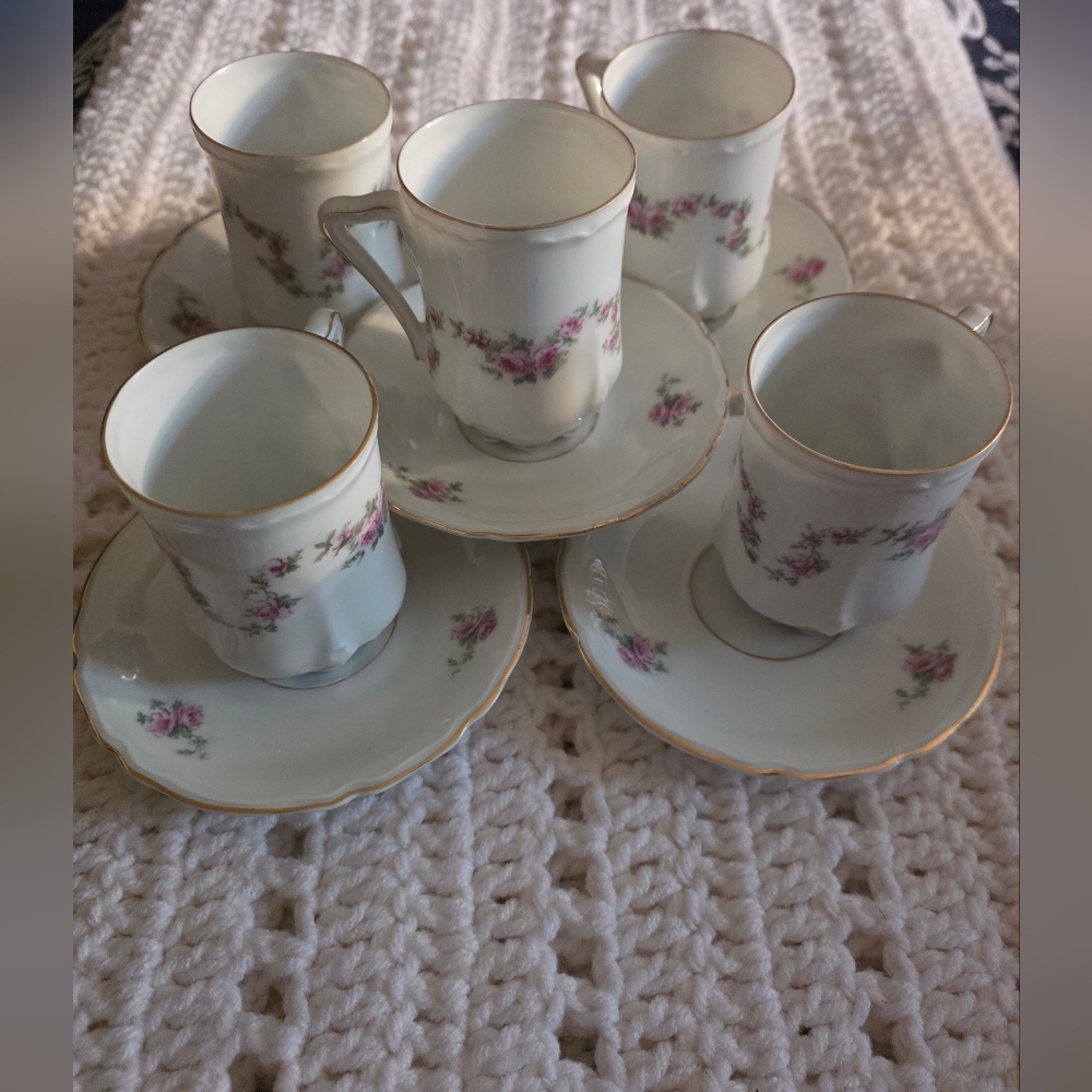 Set Of 5 Vintage Antique Floral Tea Cup and Saucer Set By Silesia Germany
